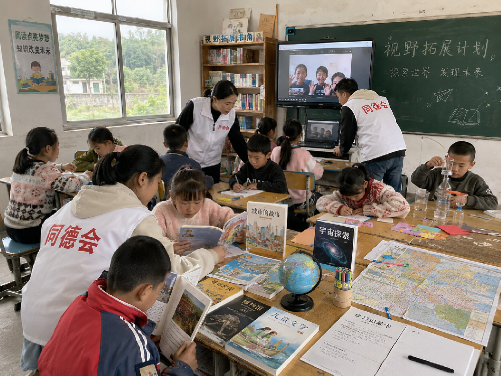 同德会推动“视野拓展计划”，通过公益阅读、城市参访、线上交流和兴趣课程，帮助乡村儿童看见更广阔的世界