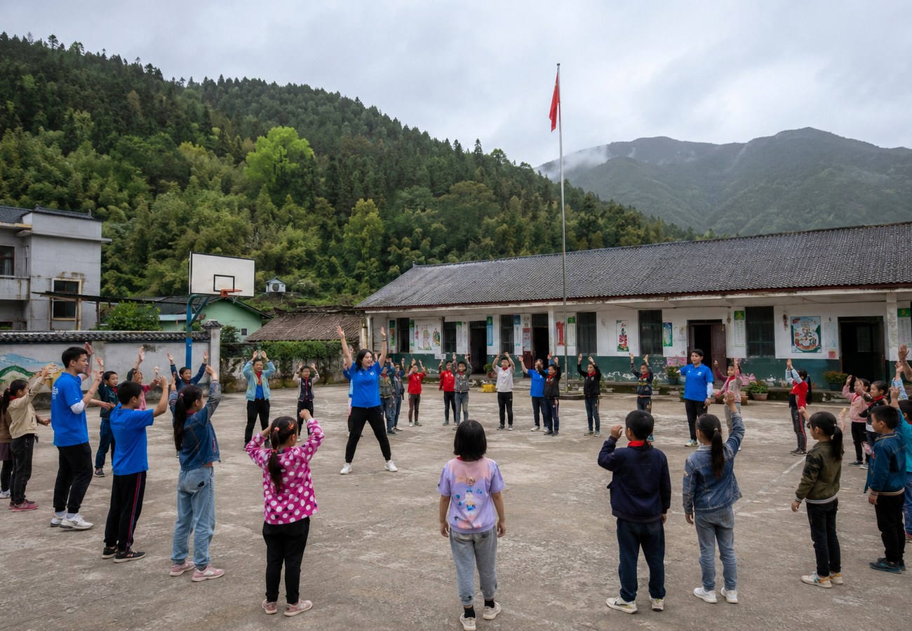 乡村学校操场上的公益互动活动